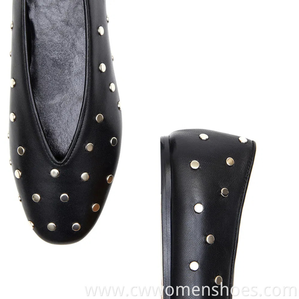 Almond Toe V Cut Studded Women Shoes Ballet Flats Women Calfskin Black White Leather Luxury Hand Made Flat